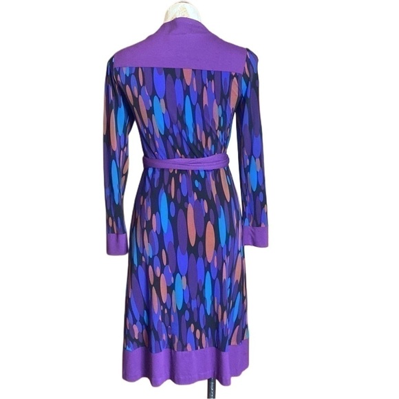 VTG DANIELA CORTE faux wrap dress jersey purple kaleidoscope mod psychedelic S - Picture 4 of 9